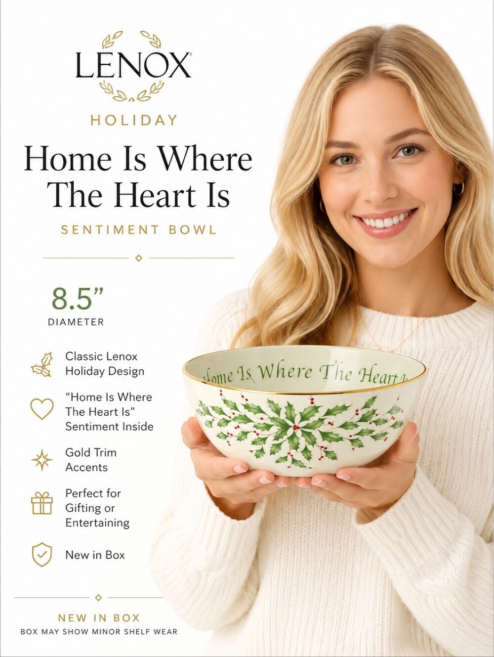 Lenox Holiday “Home Is Where The Heart Is” Sentiment Bowl NIB Holly Christmas